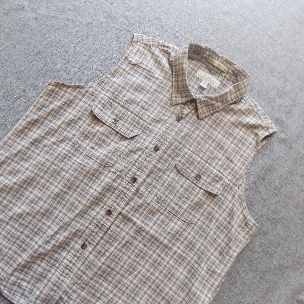 Cabelas Shirt Mens 2XL Brown Plaid Good Sleeveless Soft Canvas Trail Button Up